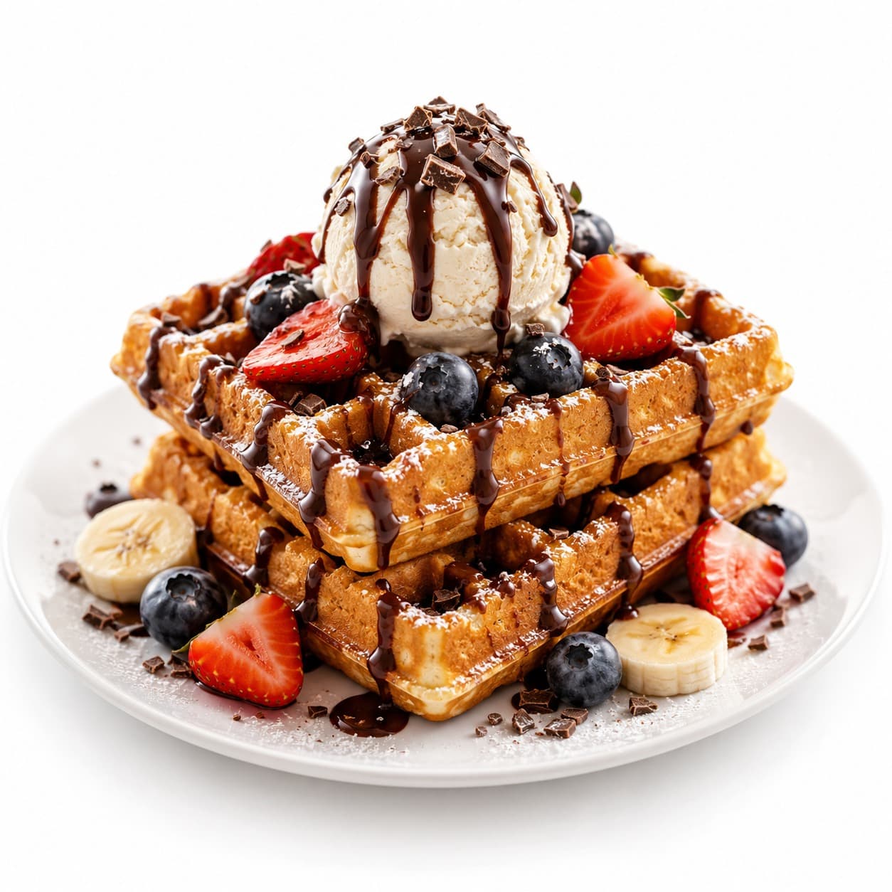 Stacked waffles topped with vanilla ice cream, chocolate drizzle, strawberries, blueberries and banana
