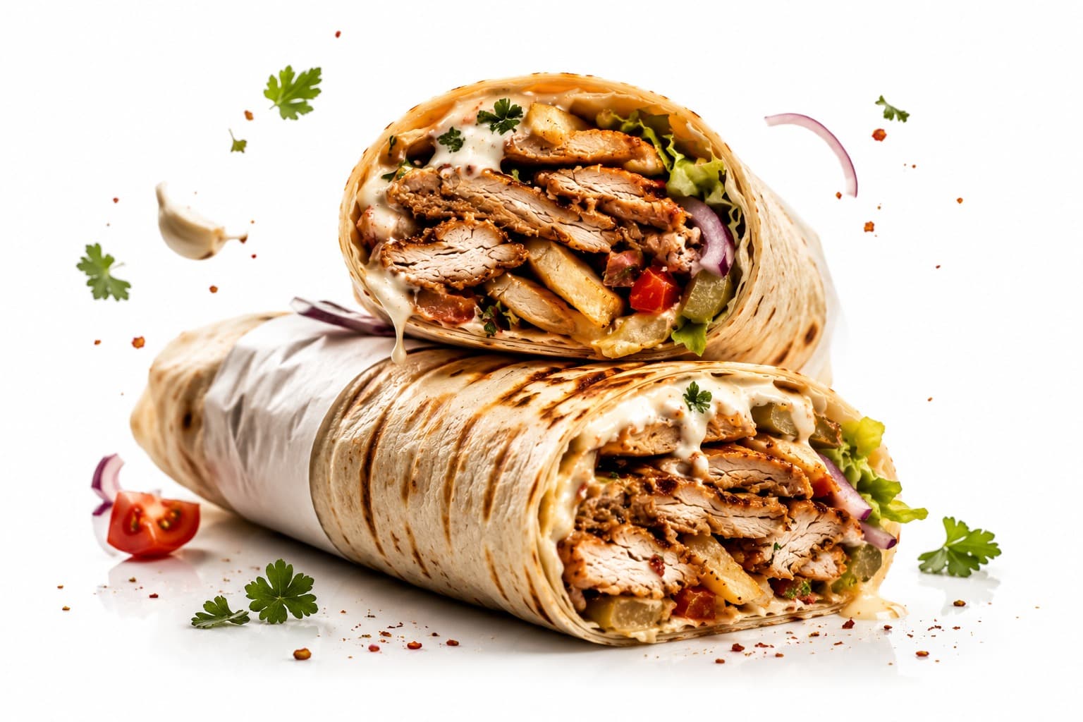 Two chicken shawarma wraps stacked and sliced open, showing grilled chicken, sauce and fresh vegetables
