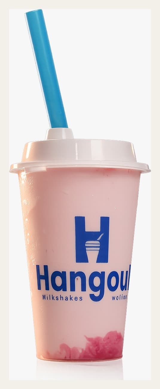 Strawberry thickshake in a branded takeaway cup with a blue straw